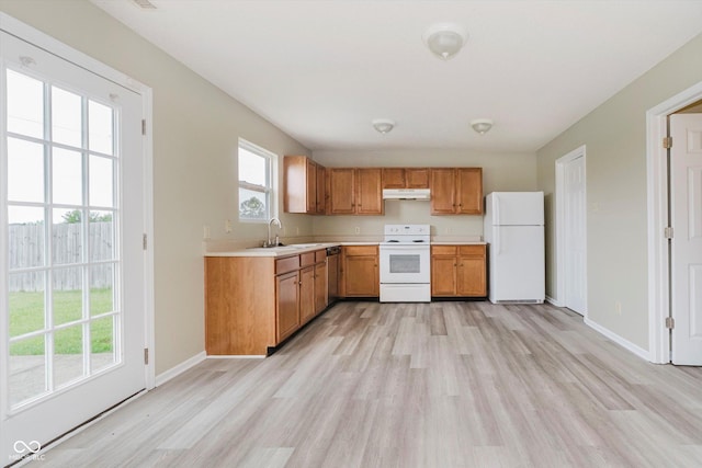 2834 Wolfgang Dr, Indianapolis, IN 46239 - kitchen featuring white appliances, light wood-type flooring, under cabinet range hood, and plenty of natural light
