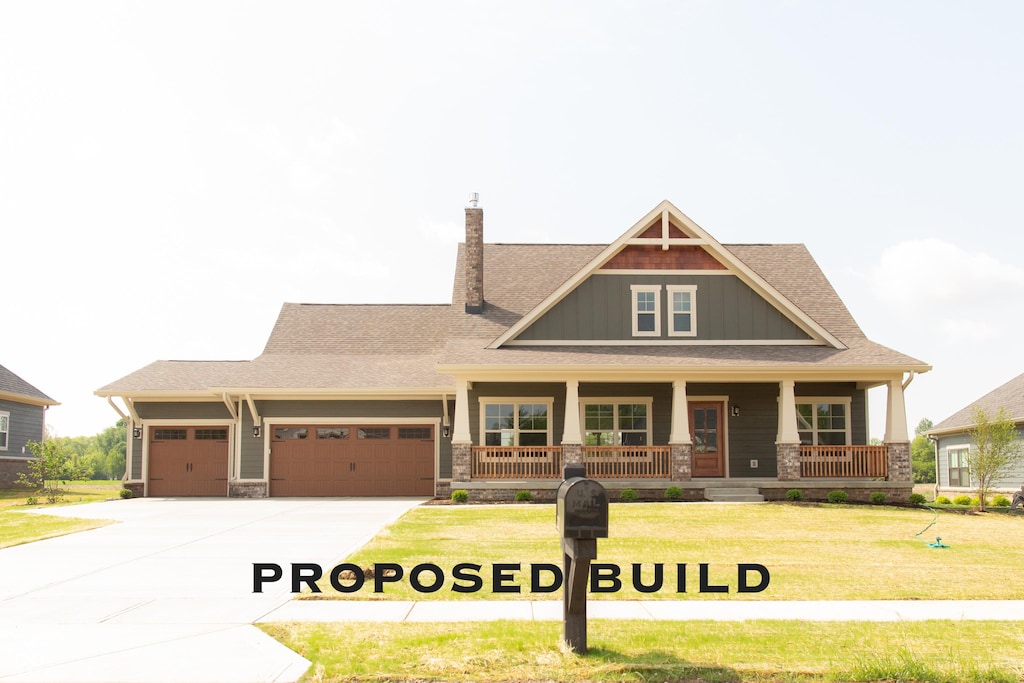 LOT30 Doe Mdw, Anderson, IN 46011 - craftsman-style house with board and batten siding, an attached garage, a front yard, concrete driveway, and covered porch