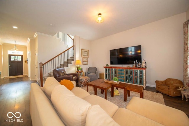 12976 Walbeck Dr, Fishers, IN 46037 - living area with hardwood / wood-style flooring, stairway, and ornamental molding