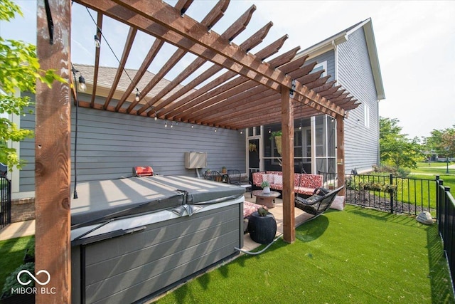 12976 Walbeck Dr, Fishers, IN 46037 - view of patio featuring a hot tub, a pergola, and an outdoor hangout area