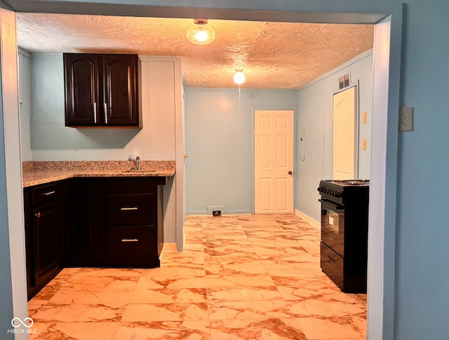 624 N Rural St, Indianapolis, IN 46201 - kitchen featuring black gas stove, a textured ceiling, light marble finish floors, a sink, and light stone countertops