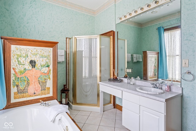 239 E 11th St, Indianapolis, IN 46202 - full bathroom featuring a shower stall, vanity, a garden tub, tile patterned floors, and wallpapered walls