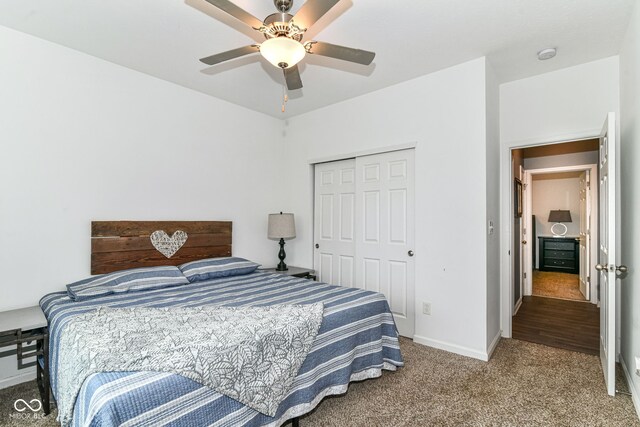 5439 Maywood Dr, Whitestown, IN 46075 - bedroom featuring carpet flooring, a closet, baseboards, and ceiling fan