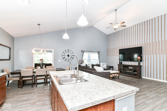 5439 Maywood Dr, Whitestown, IN 46075 - kitchen with a sink, light wood-style flooring, high vaulted ceiling, light countertops, and open floor plan