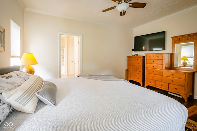 4305 W Coyote Run Ct, Muncie, IN 47304 - bedroom with ornamental molding, wood finished floors, and a ceiling fan