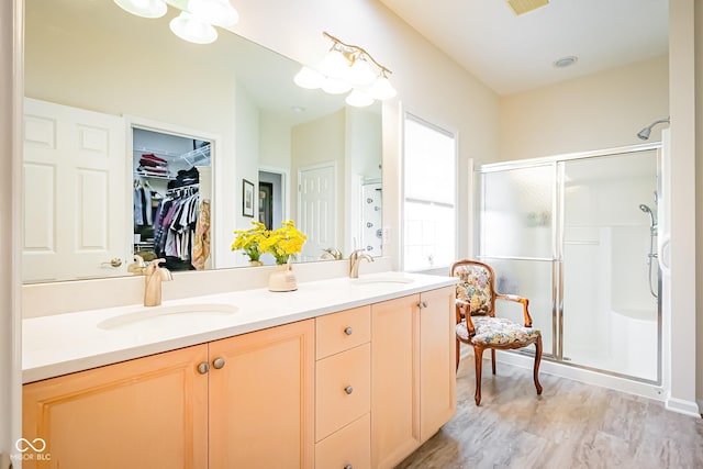 4305 W Coyote Run Ct, Muncie, IN 47304 - full bath featuring a stall shower, double vanity, a walk in closet, and wood finished floors