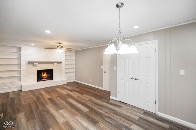9378 N County Road 75 W, Lizton, IN 46149 - unfurnished living room with a fireplace, ceiling fan, baseboards, dark wood-style flooring, and recessed lighting