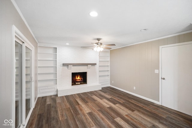 9378 N County Road 75 W, Lizton, IN 46149 - unfurnished living room featuring crown molding, ceiling fan, a fireplace, wood finished floors, and recessed lighting