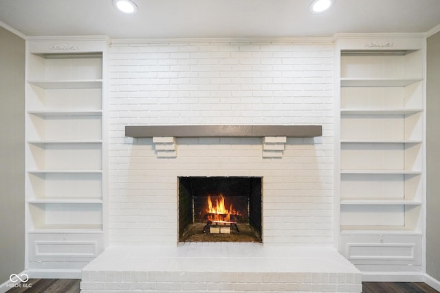 9378 N County Road 75 W, Lizton, IN 46149 - detailed view of wood finished floors, a fireplace, baseboards, recessed lighting, and built in features