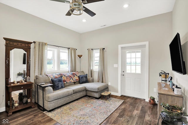 3301 N 200 W, Franklin, IN 46131 - living room with a ceiling fan, healthy amount of natural light, dark wood finished floors, and recessed lighting