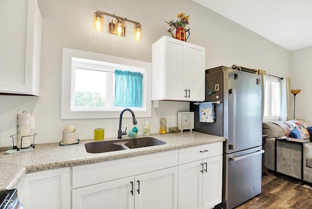 3301 N 200 W, Franklin, IN 46131 - kitchen featuring freestanding refrigerator, a sink, and white cabinetry