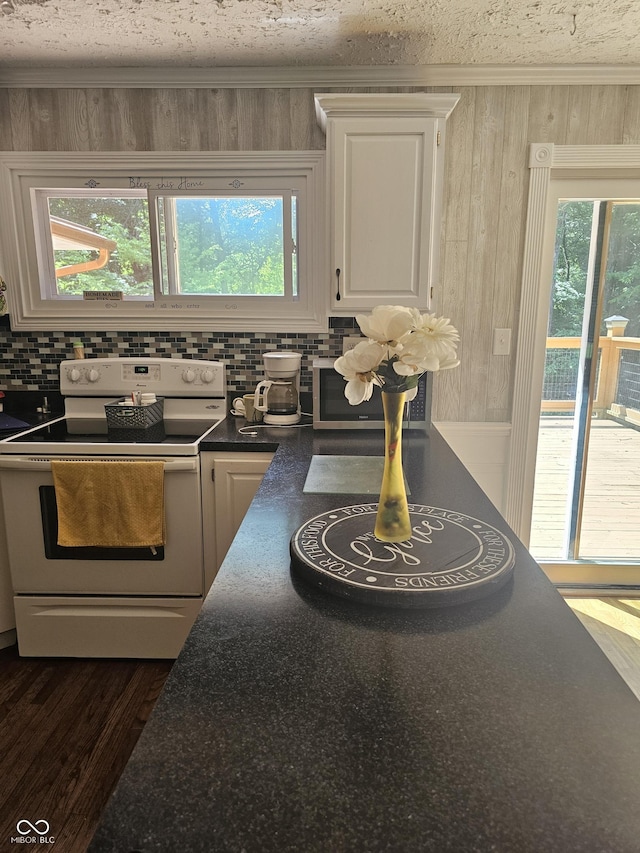 1317 S Ebert Dr, Rockville, IN 47872 - kitchen featuring white electric range, dark countertops, tasteful backsplash, white cabinetry, and dark wood finished floors