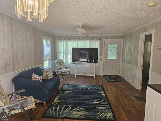 1317 S Ebert Dr, Rockville, IN 47872 - living area with ornamental molding, wood finished floors, a textured ceiling, a ceiling fan, and wood walls