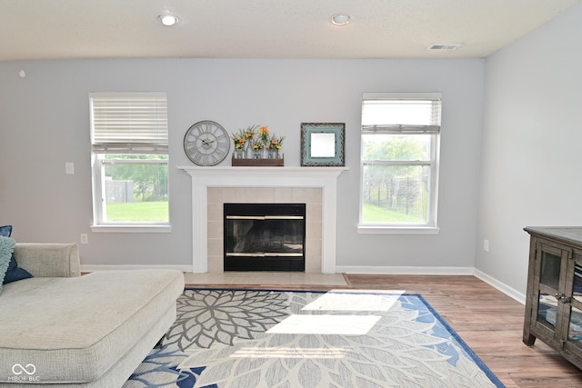 15524 Follow Dr, Noblesville, IN 46060 - living room featuring a fireplace, wood finished floors, baseboards, and recessed lighting
