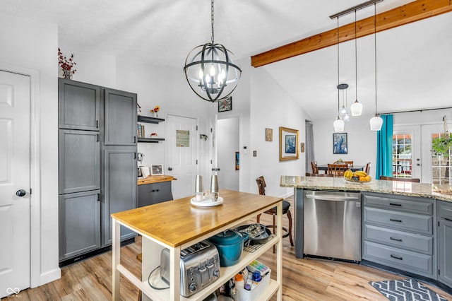 101 Jefferson Vly, Coatesville, IN 46121 - kitchen with stainless steel dishwasher, open shelves, gray cabinetry, light wood-style floors, and a chandelier
