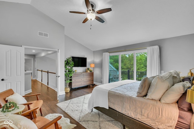 13304 Landwood Dr, Fishers, IN 46037 - bedroom featuring access to exterior, wood finished floors, high vaulted ceiling, a ceiling fan, and baseboards