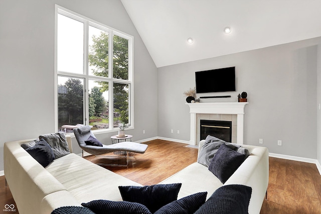 826 N Lanyard Dr, Cicero, IN 46034 - living area with plenty of natural light, vaulted ceiling, wood finished floors, a tile fireplace, and baseboards