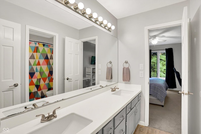 826 N Lanyard Dr, Cicero, IN 46034 - ensuite bathroom featuring double vanity, wood finished floors, toilet, ceiling fan, and baseboards