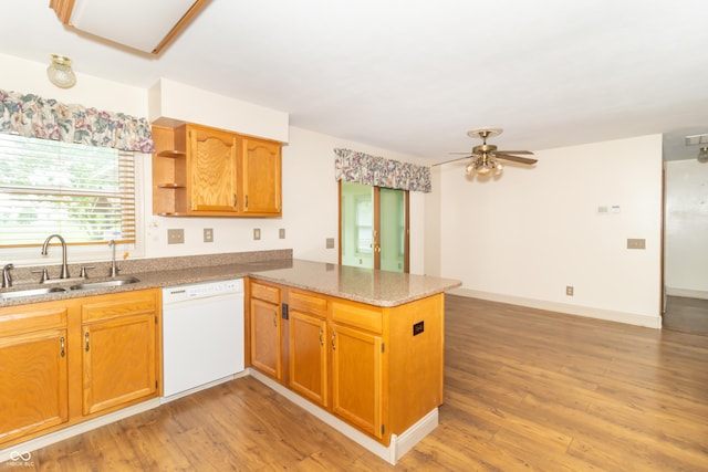 391 W 500 S, Anderson, IN 46013 - kitchen with white dishwasher, a peninsula, ceiling fan, light wood-type flooring, and open shelves