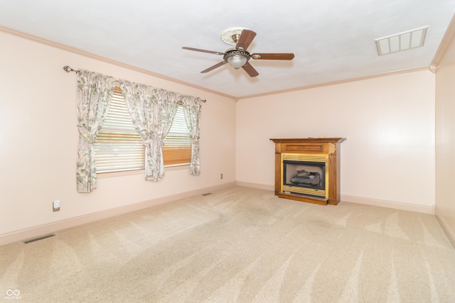 391 W 500 S, Anderson, IN 46013 - unfurnished living room with crown molding, light carpet, ceiling fan, and a fireplace