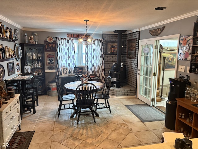 2907 Jay Dee Ln, Greenwood, IN 46143 - dining area with crown molding, a wood stove, and a textured ceiling