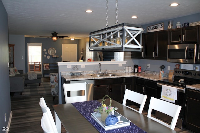 12901 N Collett Way, Camby, IN 46113 - kitchen featuring stainless steel appliances, a sink, a ceiling fan, recessed lighting, and dark cabinets