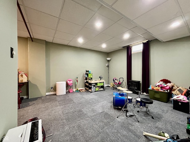 419 N 14th Ave, Beech Grove, IN 46107 - playroom featuring carpet floors, a wood stove, and recessed lighting