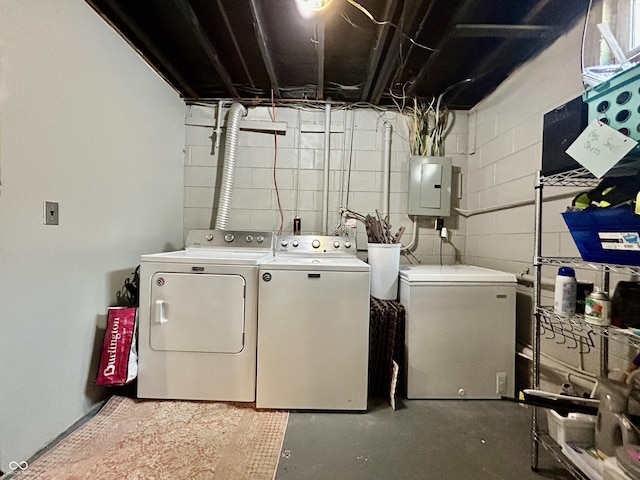 419 N 14th Ave, Beech Grove, IN 46107 - laundry room featuring washing machine and dryer, electric panel, and concrete block wall