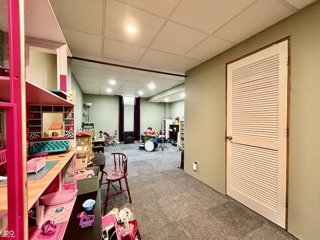 419 N 14th Ave, Beech Grove, IN 46107 - finished basement with carpet, a paneled ceiling, and recessed lighting