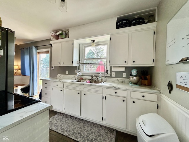 419 N 14th Ave, Beech Grove, IN 46107 - kitchen featuring white cabinets, light countertops, and a wainscoted wall