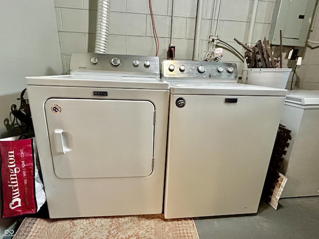 419 N 14th Ave, Beech Grove, IN 46107 - laundry area with washing machine and dryer, electric panel, and concrete block wall
