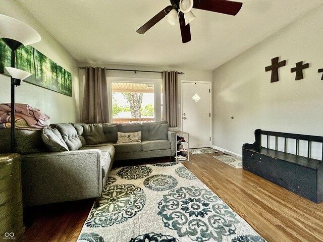 419 N 14th Ave, Beech Grove, IN 46107 - living room featuring ceiling fan, wood finished floors, and lofted ceiling