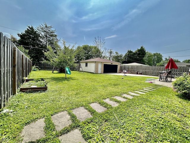 419 N 14th Ave, Beech Grove, IN 46107 - fenced backyard with a playground, a garage, a patio, and an outbuilding