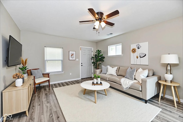 2026 Spruce St, Indianapolis, IN 46203 - living room featuring light wood-style floors, ceiling fan, and baseboards