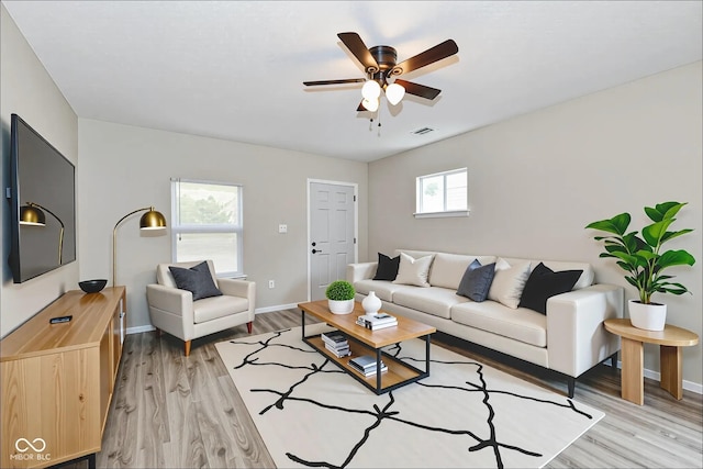 2026 Spruce St, Indianapolis, IN 46203 - living area featuring ceiling fan, light wood-type flooring, and baseboards