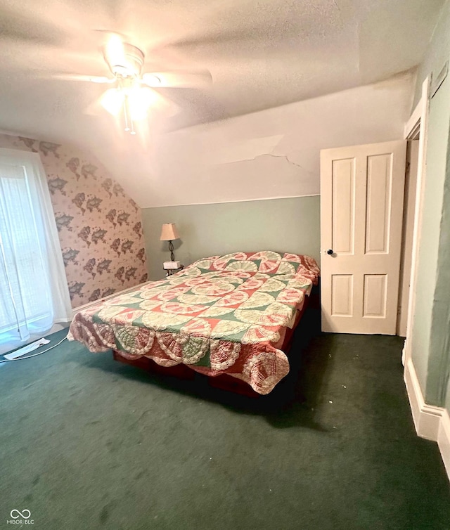 317 W State Road 44, Franklin, IN 46131 - carpeted bedroom featuring lofted ceiling, a ceiling fan, and wallpapered walls