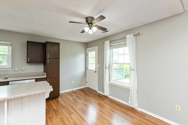 18005 Gasparilla Ct, Westfield, IN 46062 - kitchen featuring light wood-style flooring, dark brown cabinets, ceiling fan, and stainless steel dishwasher