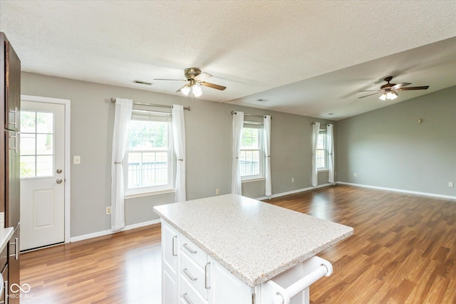 18005 Gasparilla Ct, Westfield, IN 46062 - kitchen with ceiling fan, light wood finished floors, a center island, and a textured ceiling
