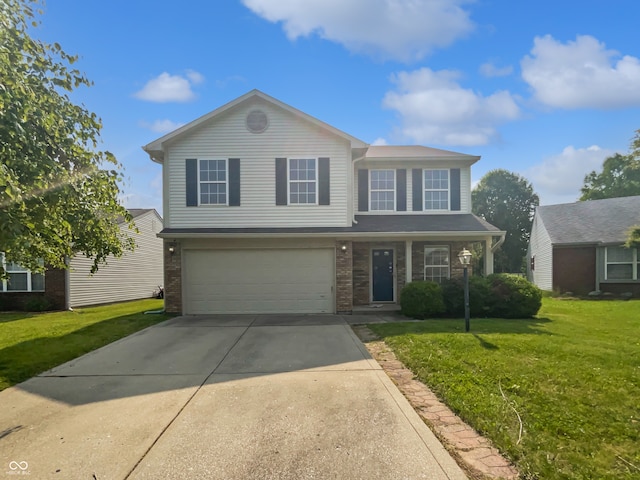 8437 Crosser Dr, Indianapolis, IN 46237 - view of front of house with an attached garage, a front lawn, concrete driveway, and brick siding