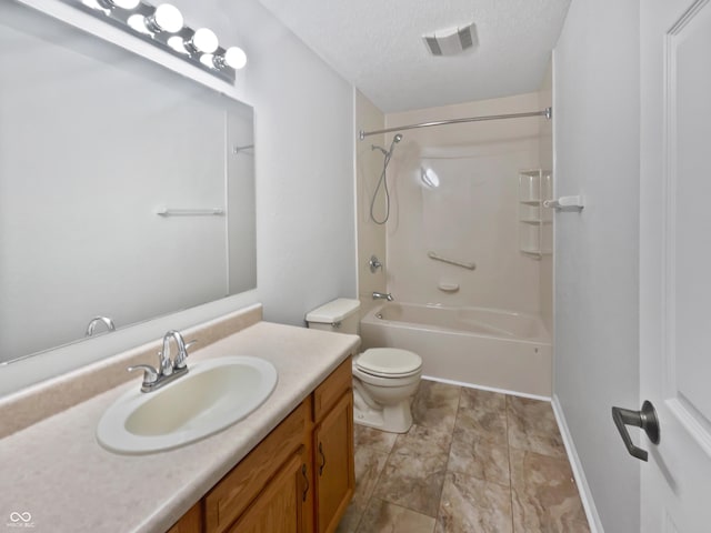 8437 Crosser Dr, Indianapolis, IN 46237 - bathroom with vanity, shower / bathtub combination, toilet, a textured ceiling, and baseboards