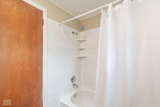 7223 Marla Dr, Indianapolis, IN 46256 - bathroom featuring ornamental molding and shower / bathtub combination with curtain