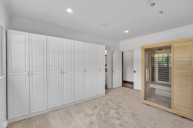 10471 Winghaven Dr, Noblesville, IN 46060 - unfurnished bedroom with ornamental molding, light carpet, recessed lighting, and a sauna