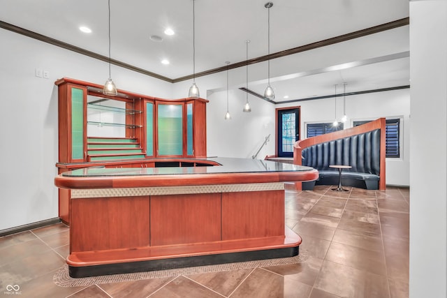 10471 Winghaven Dr, Noblesville, IN 46060 - bar featuring ornamental molding, tile patterned flooring, decorative light fixtures, and recessed lighting