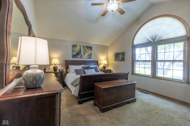 421 Kingsway Ct, Mooresville, IN 46158 - bedroom featuring light colored carpet, lofted ceiling, baseboards, and a ceiling fan