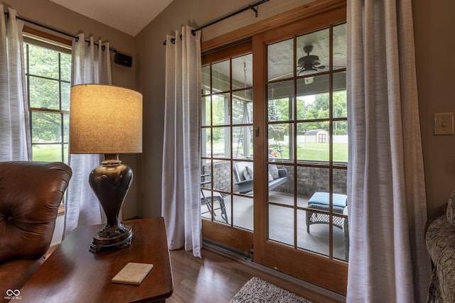 421 Kingsway Ct, Mooresville, IN 46158 - doorway to outside featuring a ceiling fan and wood finished floors