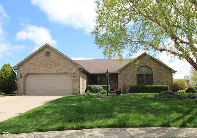 421 Kingsway Ct, Mooresville, IN 46158 - ranch-style home with a garage, concrete driveway, brick siding, and a front yard