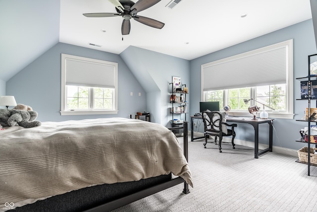 13346 W Sherbern Dr, Carmel, IN 46032 - bedroom featuring carpet, multiple windows, lofted ceiling, an office area, and a ceiling fan