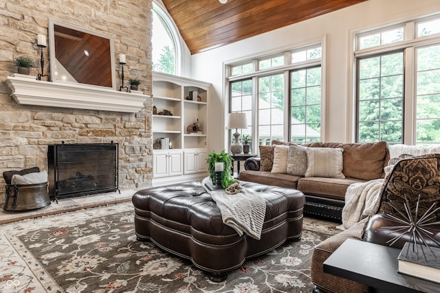 13346 W Sherbern Dr, Carmel, IN 46032 - living area featuring wood ceiling, a fireplace, and high vaulted ceiling