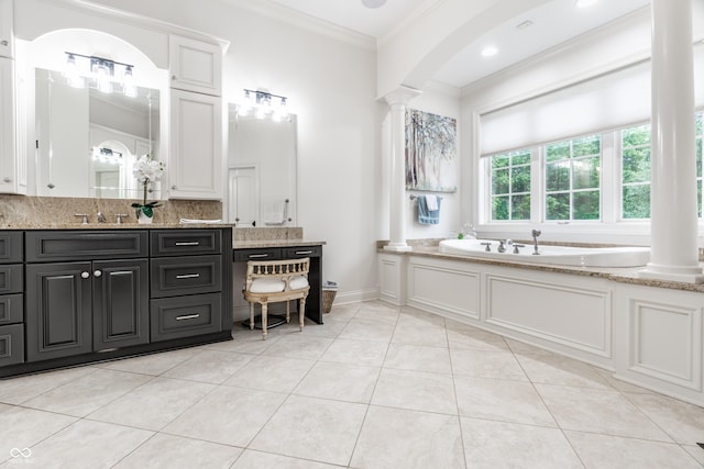 13346 W Sherbern Dr, Carmel, IN 46032 - full bathroom with decorative columns, ornamental molding, vanity, decorative backsplash, and a bath