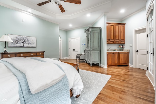 13346 W Sherbern Dr, Carmel, IN 46032 - bedroom with recessed lighting, light wood finished floors, ornamental molding, and a ceiling fan